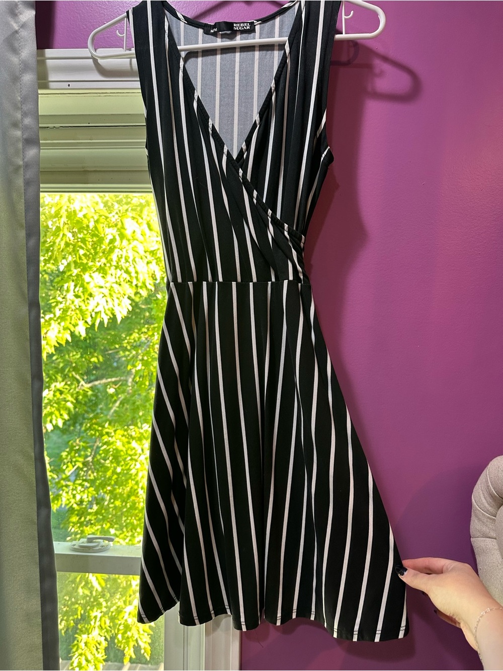Rebel Sugar Black & White Vertical Stripe Faux-Wrap Mini Dress